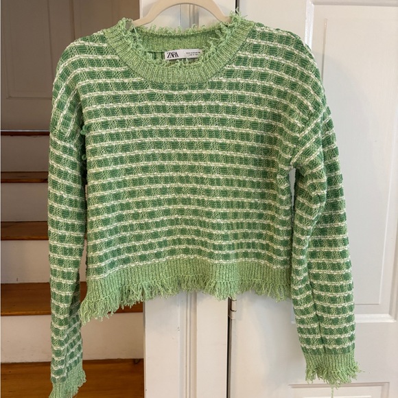 Zara Frayed Knit Green Tweed Sweater boxy, colorful M - Picture 2 of 4
